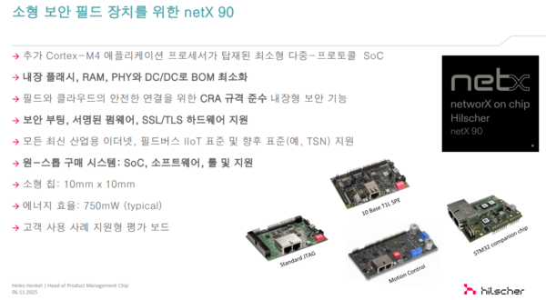 netX 90은 10×10mm의 초소형 사이즈에 750밀리와트의 저전력을 구현하면서도 보안 부팅, 인증서 기반 인증, TLS 암호화 등 레벨 2 보안을 지원한다. [사진=힐셔]